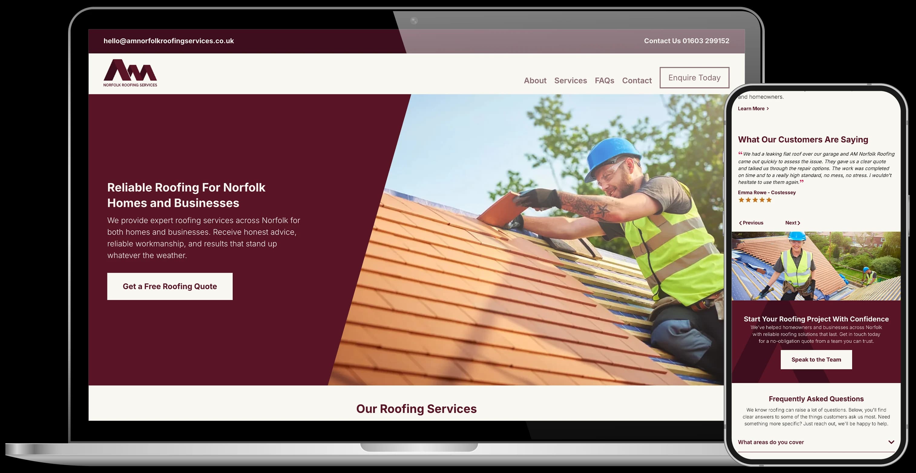 Laptop displaying the AM Norfolk Roofing Services website