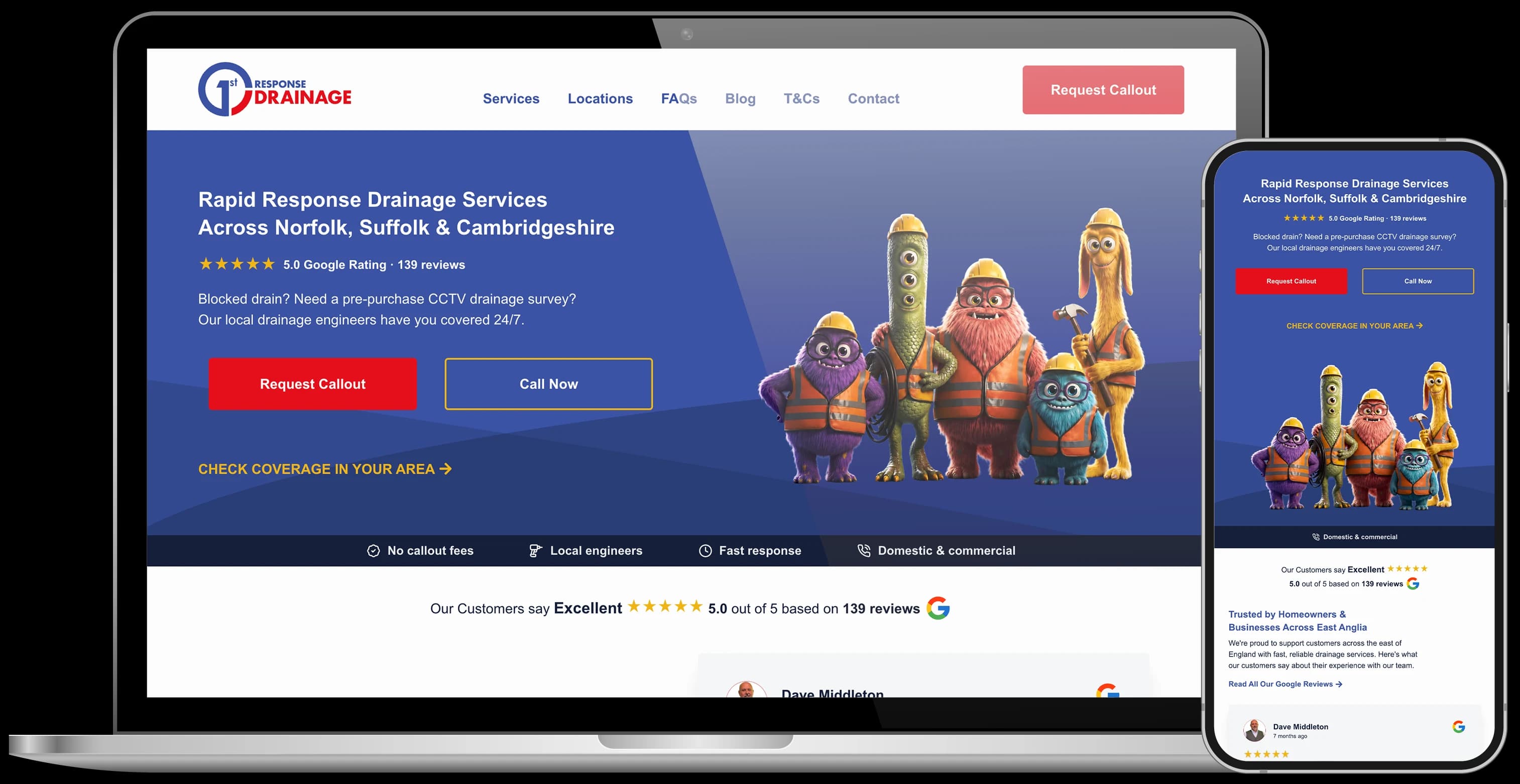 Responsive website mock-up for 1st Response Drainage