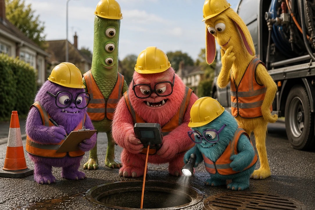 Drainage monsters inspecting a blocked roadside drain