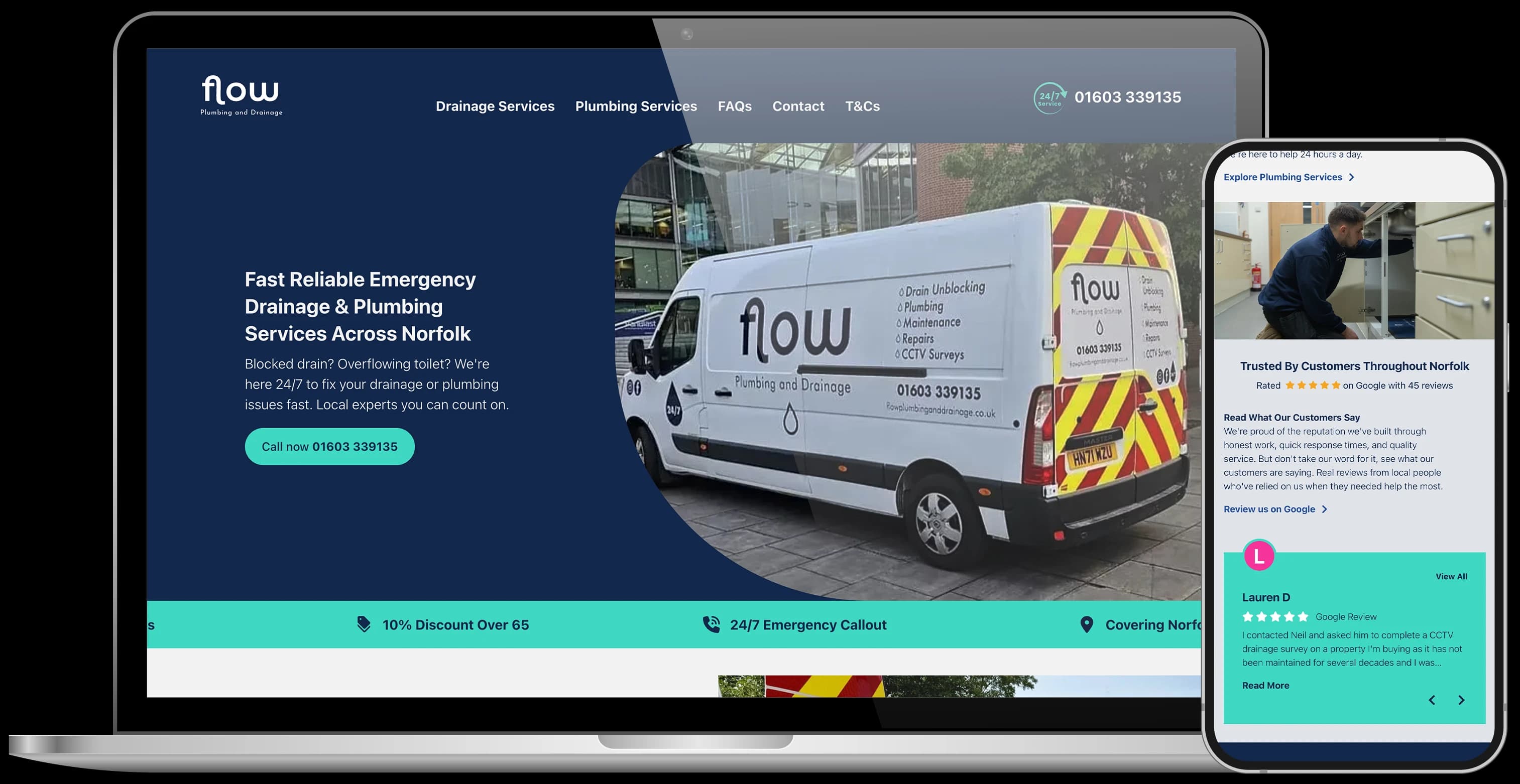 Laptop displaying the Flow Plumbing and Drainage website