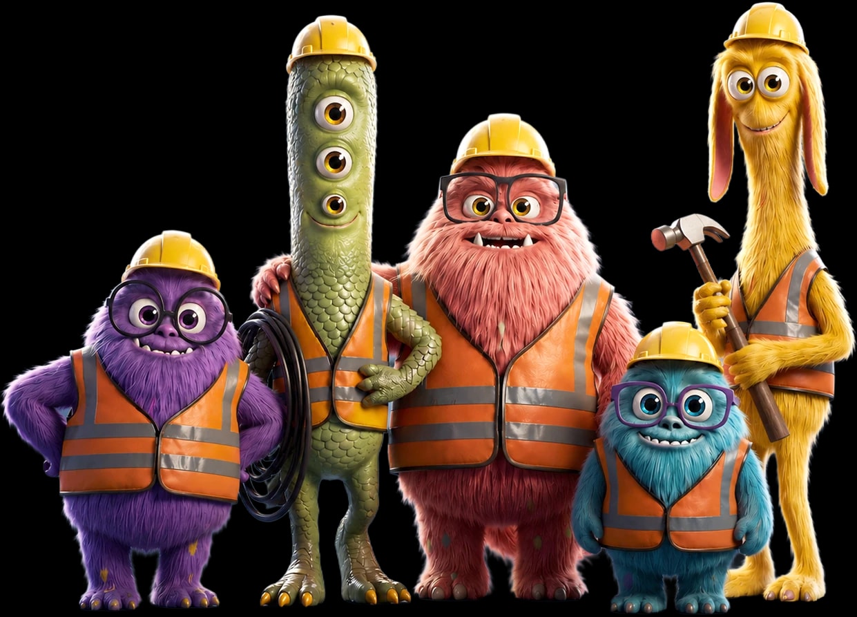 Drainage monsters wearing high-visibility vests, hard hats and safety glasses