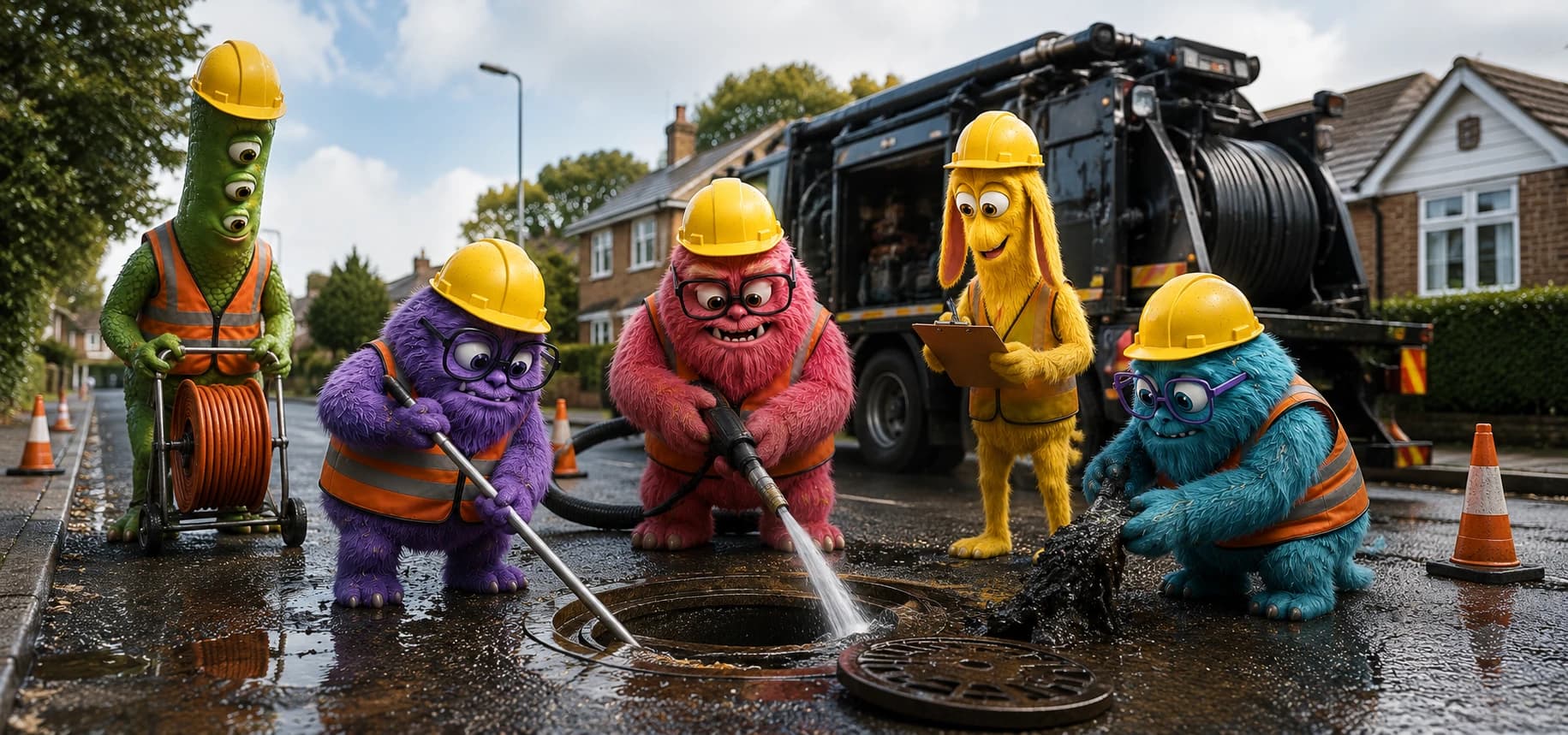 Drainage monster crew working around a blocked drain in the road